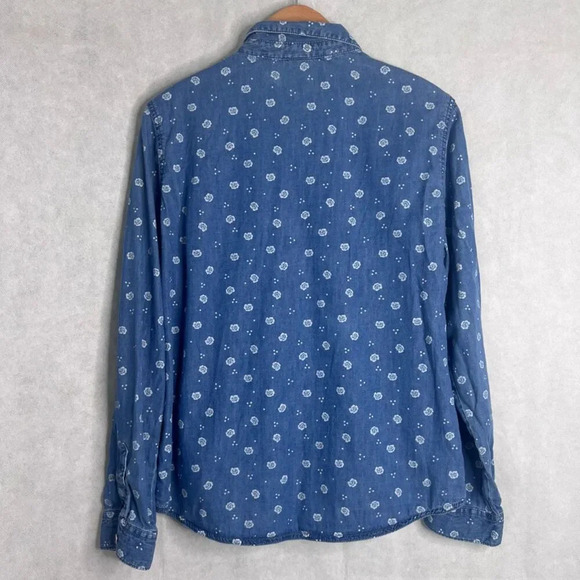 Basic Editions Blue Chambray Floral Long Sleeve Button Up Cotton Blend Top‎ Sz L - Picture 2 of 9